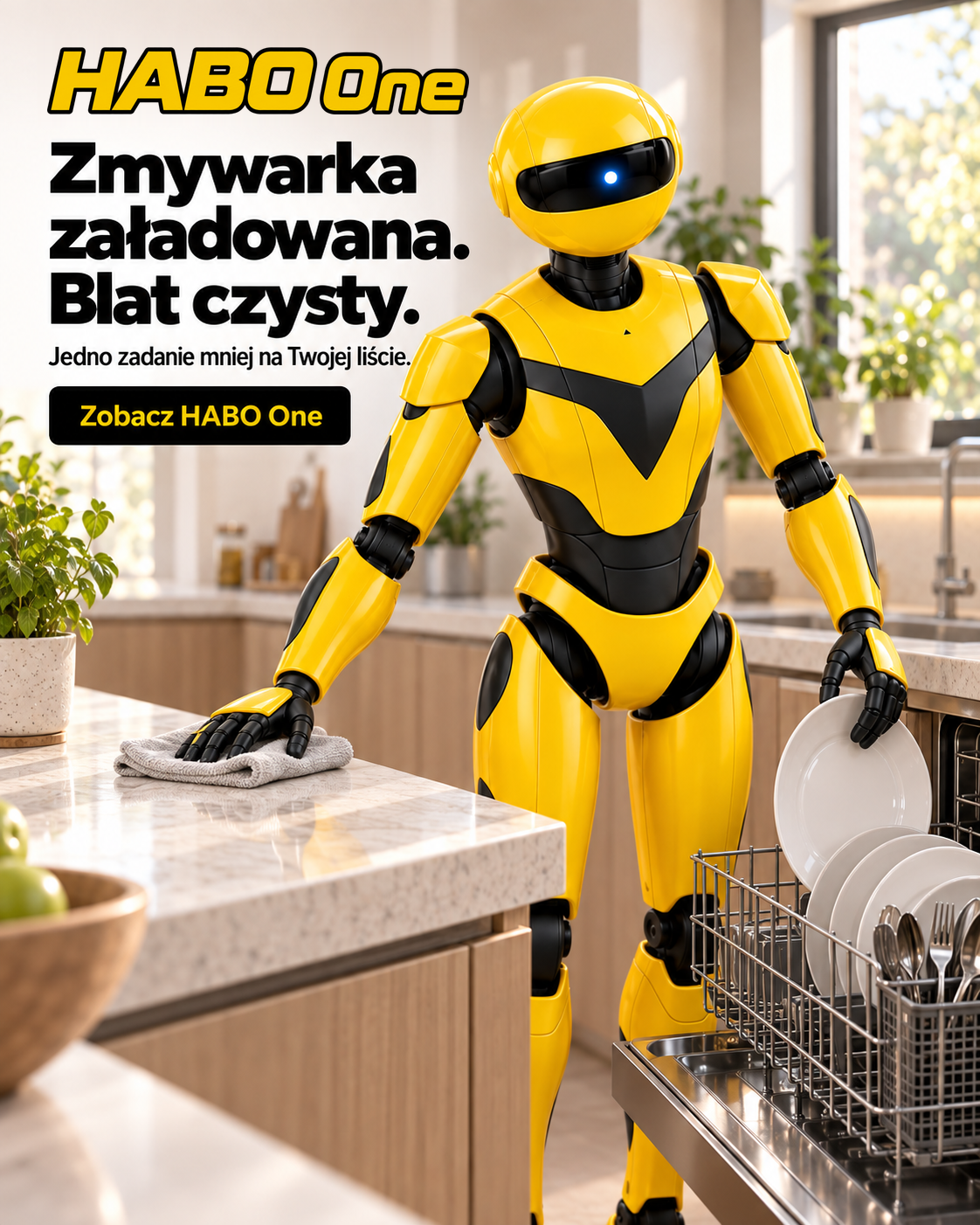 Reklama HABO One — Zmywarka załadowana, blat czysty